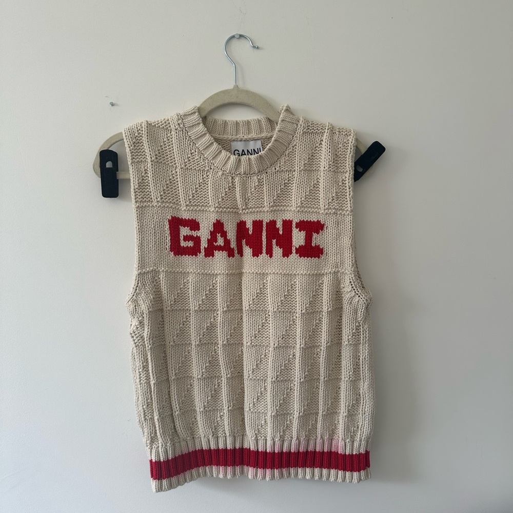 Ganni Printed sweater Vest, White and Red, Small